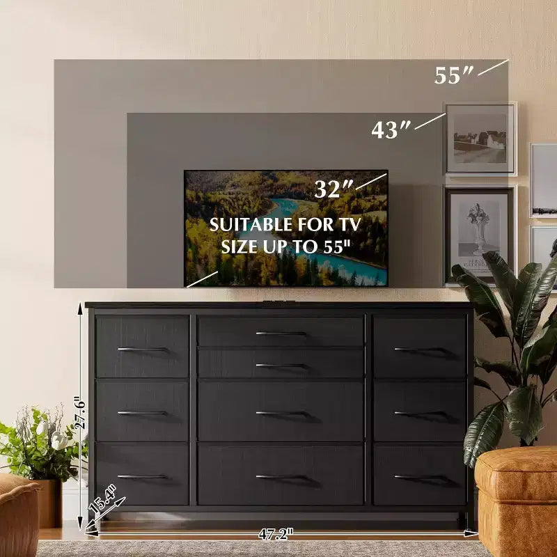 Comò a 10 cassetti e mobile TV con presa di corrente, contenitore per camera da letto con struttura in metallo per TV da 55'', ingresso, armadio