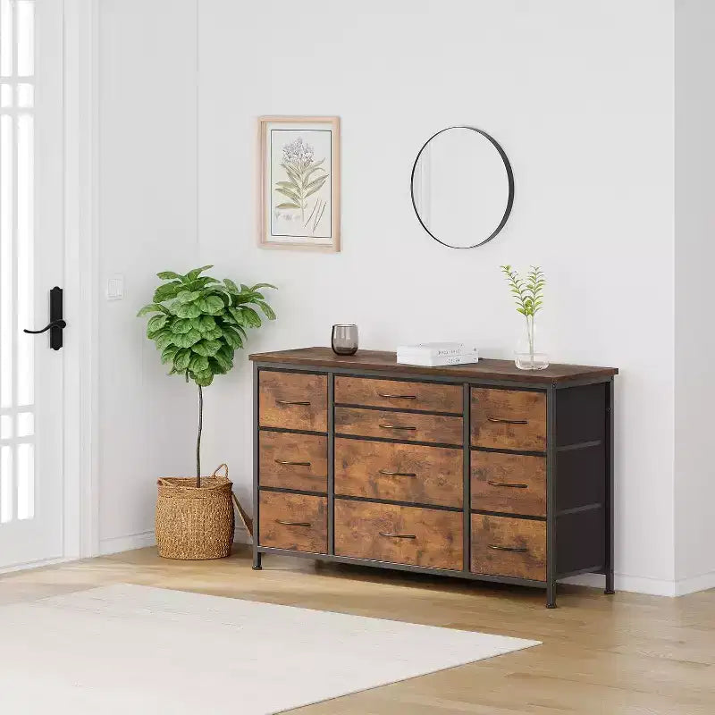Comò a 10 cassetti e mobile TV con presa di corrente, contenitore per camera da letto con struttura in metallo per TV da 55'', ingresso, armadio