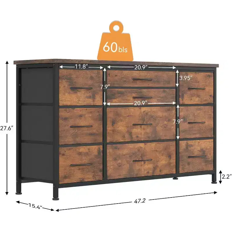 Comò a 10 cassetti e mobile TV con presa di corrente, contenitore per camera da letto con struttura in metallo per TV da 55'', ingresso, armadio