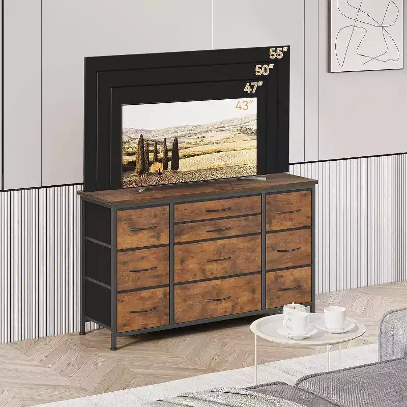 Comò a 10 cassetti e mobile TV con presa di corrente, contenitore per camera da letto con struttura in metallo per TV da 55'', ingresso, armadio