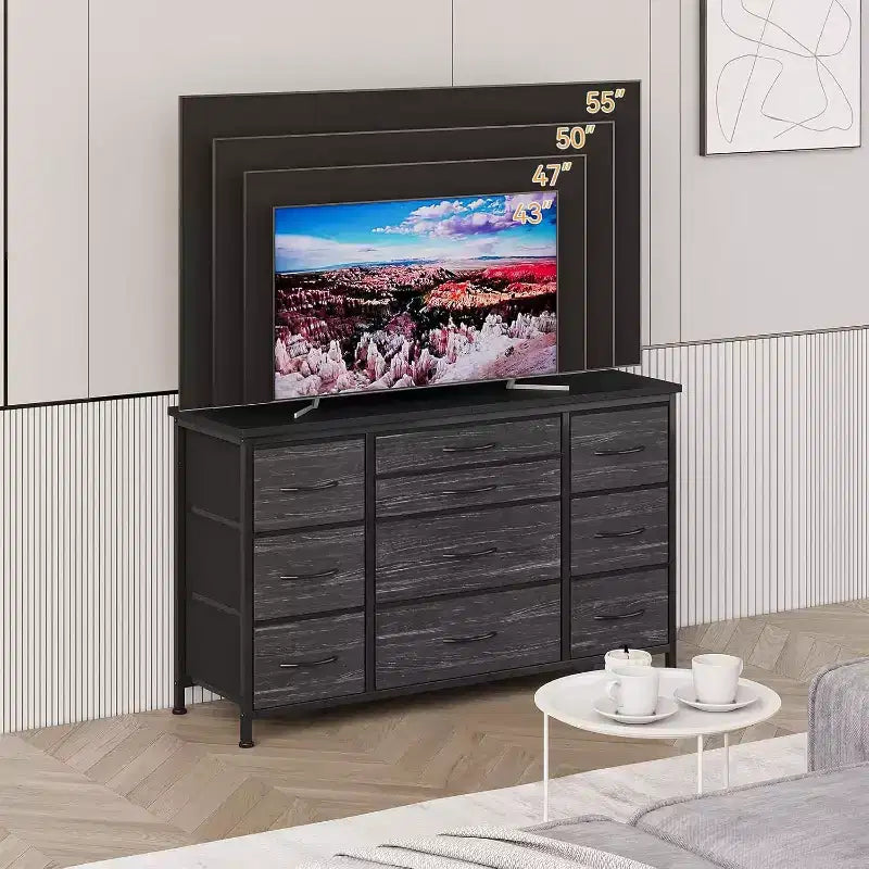 Comò a 10 cassetti e mobile TV con presa di corrente, contenitore per camera da letto con struttura in metallo per TV da 55'', ingresso, armadio