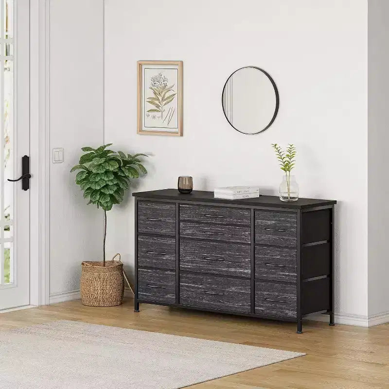 Comò a 10 cassetti e mobile TV con presa di corrente, contenitore per camera da letto con struttura in metallo per TV da 55'', ingresso, armadio