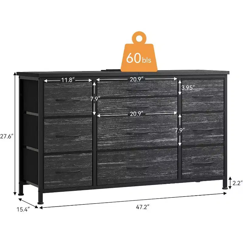 Comò a 10 cassetti e mobile TV con presa di corrente, contenitore per camera da letto con struttura in metallo per TV da 55'', ingresso, armadio