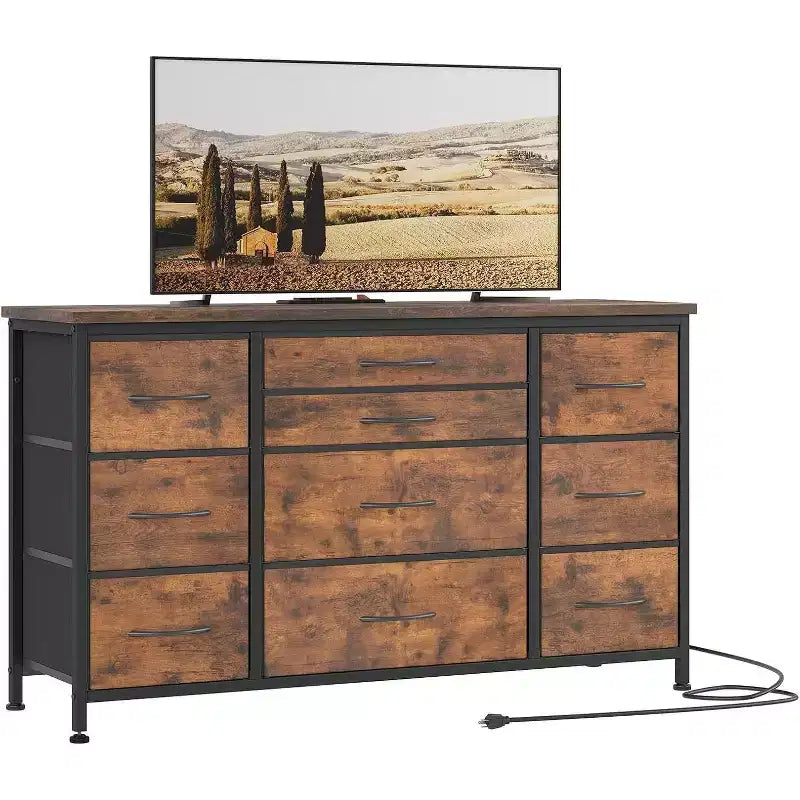 Comò a 10 cassetti e mobile TV con presa di corrente, contenitore per camera da letto con struttura in metallo per TV da 55'', ingresso, armadio