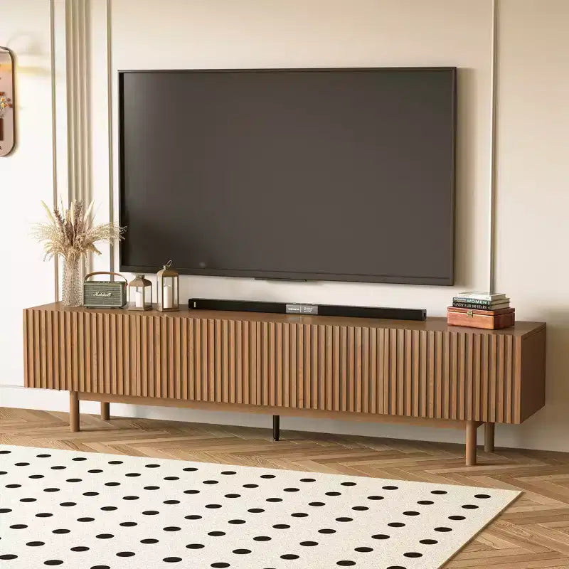 Luck Live Modern Style 86.61 Fluted Media Console TV Stand with Layered Storage, Removable Shelves & Solid Wood Legs