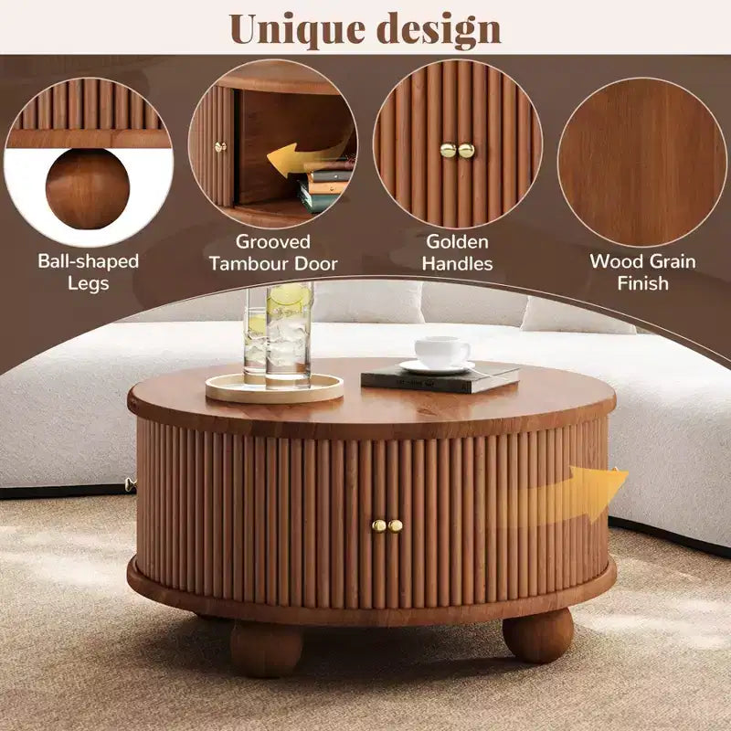 Tavolino moderno da caffè da 31,8 pollici, tavolino rotondo scanalato con contenitore, tavolino da cocktail in legno per soggiorno, camera da letto, ufficio