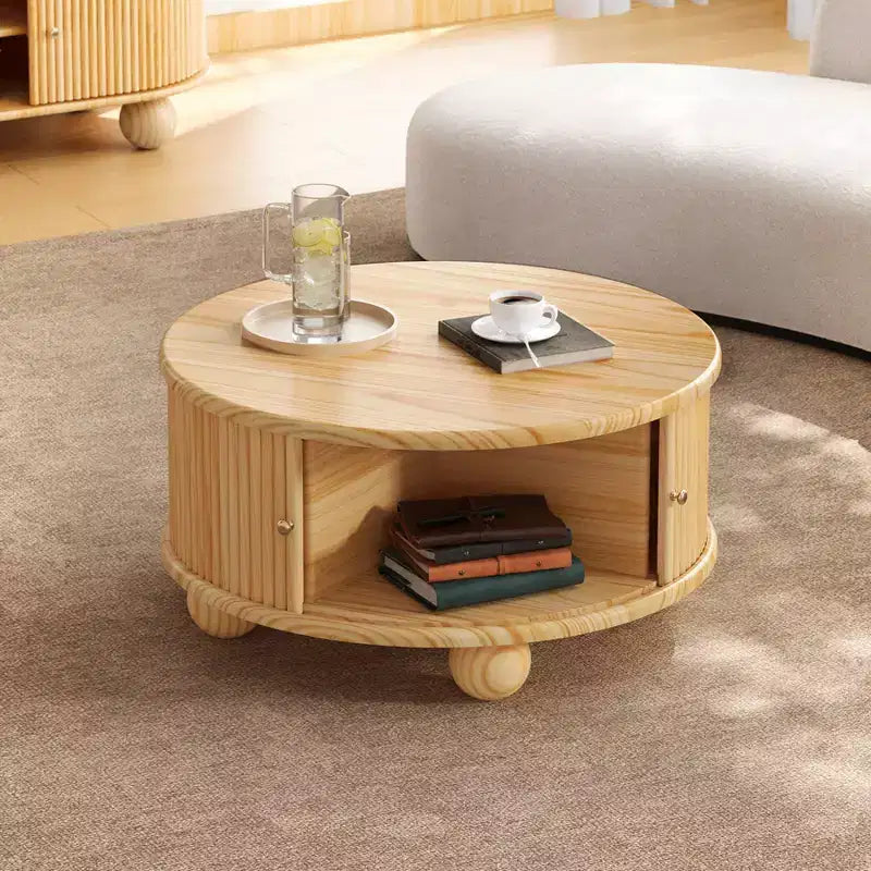 Tavolino moderno da caffè da 31,8 pollici, tavolino rotondo scanalato con contenitore, tavolino da cocktail in legno per soggiorno, camera da letto, ufficio