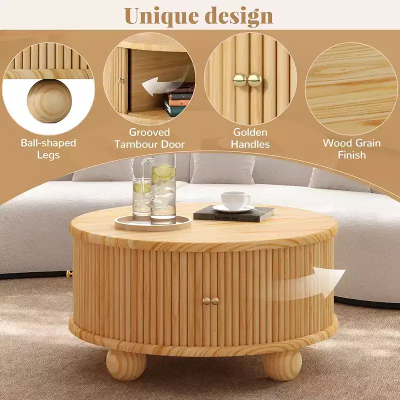 Tavolino moderno da caffè da 31,8 pollici, tavolino rotondo scanalato con contenitore, tavolino da cocktail in legno per soggiorno, camera da letto, ufficio