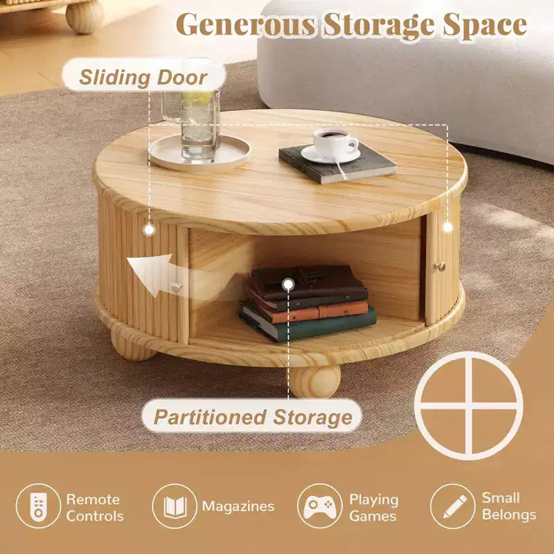 Tavolino moderno da caffè da 31,8 pollici, tavolino rotondo scanalato con contenitore, tavolino da cocktail in legno per soggiorno, camera da letto, ufficio