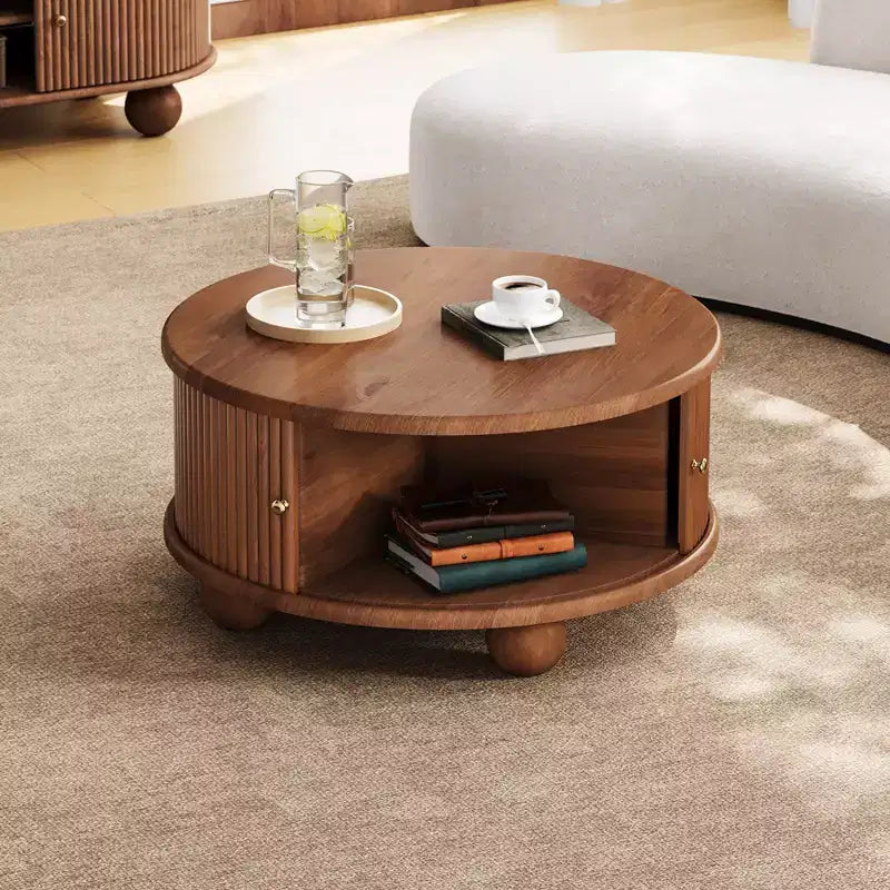 Tavolino moderno da caffè da 31,8 pollici, tavolino rotondo scanalato con contenitore, tavolino da cocktail in legno per soggiorno, camera da letto, ufficio