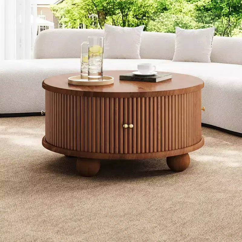 Tavolino moderno da caffè da 31,8 pollici, tavolino rotondo scanalato con contenitore, tavolino da cocktail in legno per soggiorno, camera da letto, ufficio