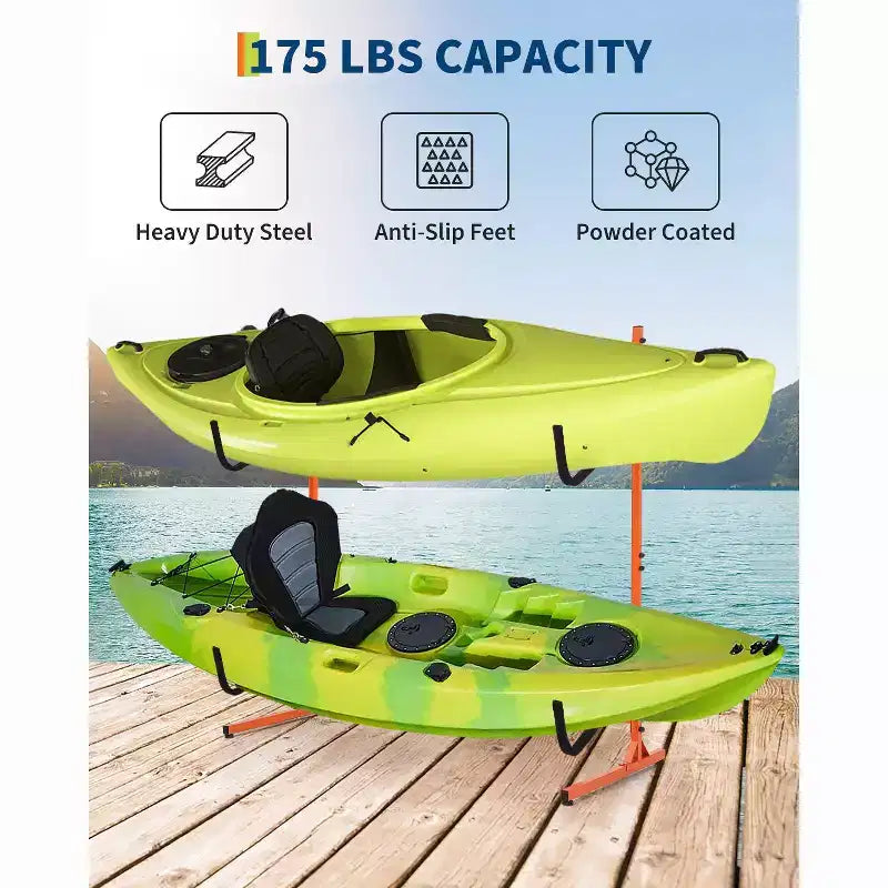Porta Kayak Autoportante per 2 Kayak, Larghezza Regolabile (48,4 - 71,8), Deposito in Acciaio Resistente per Canoa, SUP e Tavola da Surf, Capacità 175 libbre