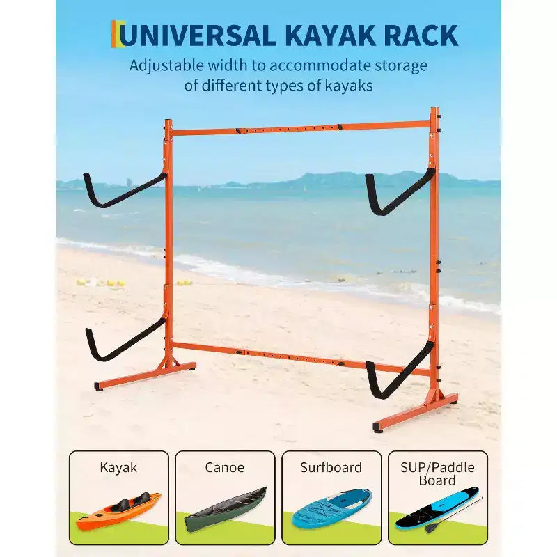 Porta Kayak Autoportante per 2 Kayak, Larghezza Regolabile (48,4 - 71,8), Deposito in Acciaio Resistente per Canoa, SUP e Tavola da Surf, Capacità 175 libbre