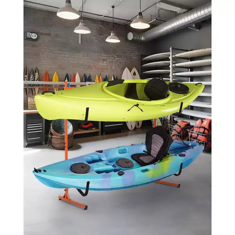 Porta Kayak Autoportante per 2 Kayak, Larghezza Regolabile (48,4 - 71,8), Deposito in Acciaio Resistente per Canoa, SUP e Tavola da Surf, Capacità 175 libbre