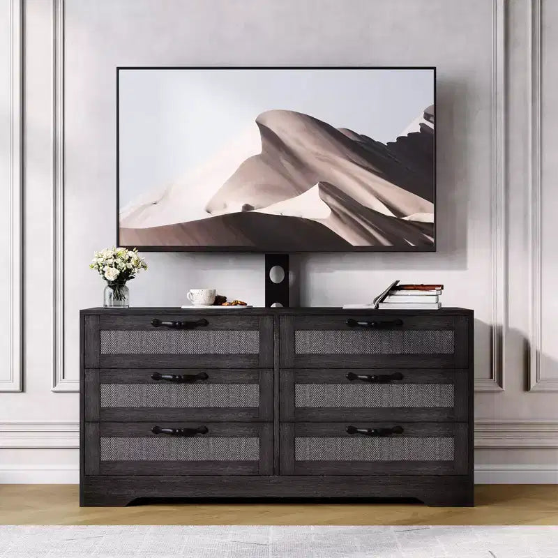 Mobile TV con Supporto, Mobile Porta TV Moderno da 120 cm con Cassettiera a 6 Cassetti in Rattan per TV da 32-85 Pollici, Consolle Multimediale con Contenitore per Soggiorno
