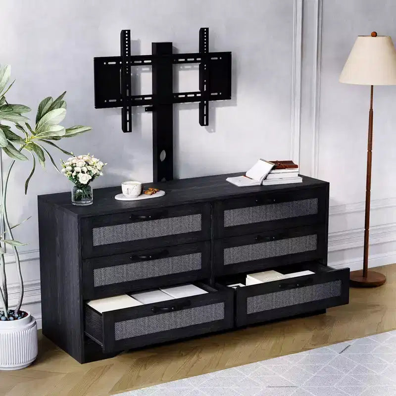 Mobile TV con Supporto, Mobile Porta TV Moderno da 120 cm con Cassettiera a 6 Cassetti in Rattan per TV da 32-85 Pollici, Consolle Multimediale con Contenitore per Soggiorno