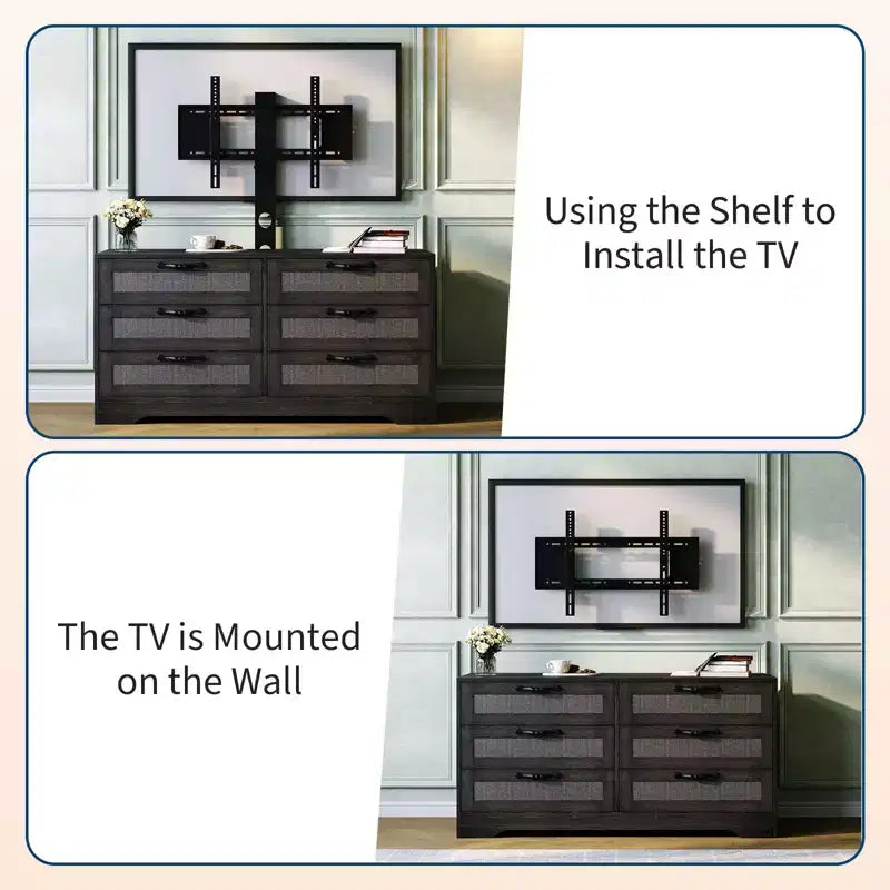 Mobile TV con Supporto, Mobile Porta TV Moderno da 120 cm con Cassettiera a 6 Cassetti in Rattan per TV da 32-85 Pollici, Consolle Multimediale con Contenitore per Soggiorno
