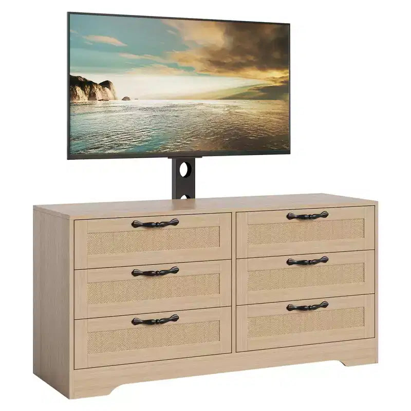 Mobile TV con Supporto, Mobile Porta TV Moderno da 120 cm con Cassettiera a 6 Cassetti in Rattan per TV da 32-85 Pollici, Consolle Multimediale con Contenitore per Soggiorno