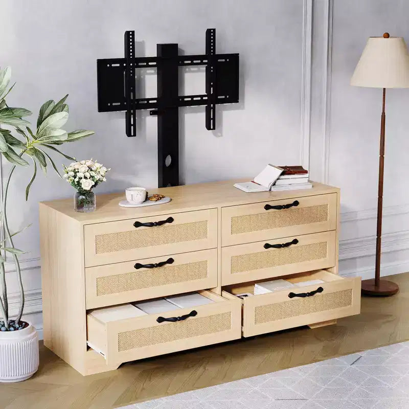 Mobile TV con Supporto, Mobile Porta TV Moderno da 120 cm con Cassettiera a 6 Cassetti in Rattan per TV da 32-85 Pollici, Consolle Multimediale con Contenitore per Soggiorno