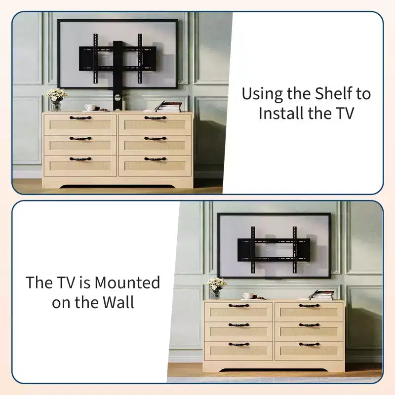 Mobile TV con Supporto, Mobile Porta TV Moderno da 120 cm con Cassettiera a 6 Cassetti in Rattan per TV da 32-85 Pollici, Consolle Multimediale con Contenitore per Soggiorno