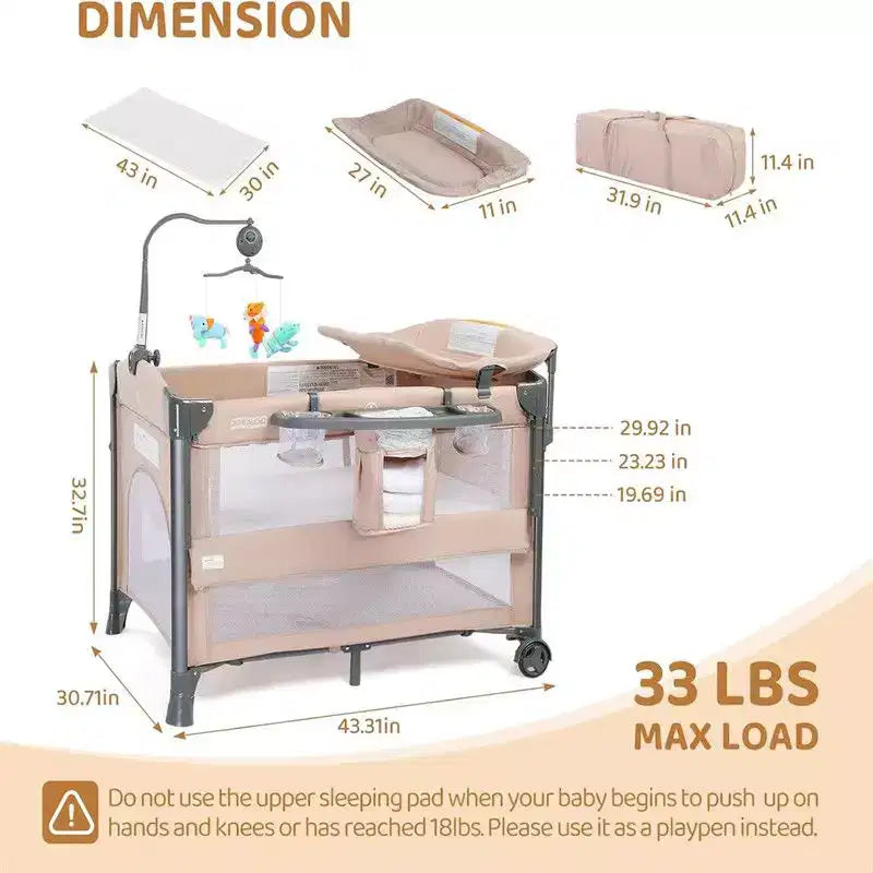 Culla 3 in 1 per neonati con funzione di borsa rimovibile e fasciatoio, colore beige