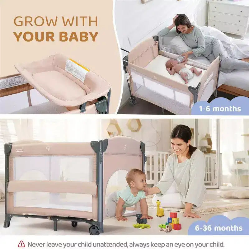 Culla 3 in 1 per neonati con funzione di borsa rimovibile e fasciatoio, colore beige