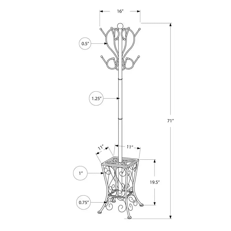 Appendiabiti da terra in metallo a 8 ganci con 2 ripiani e portaombrelli, altezza 180 cm