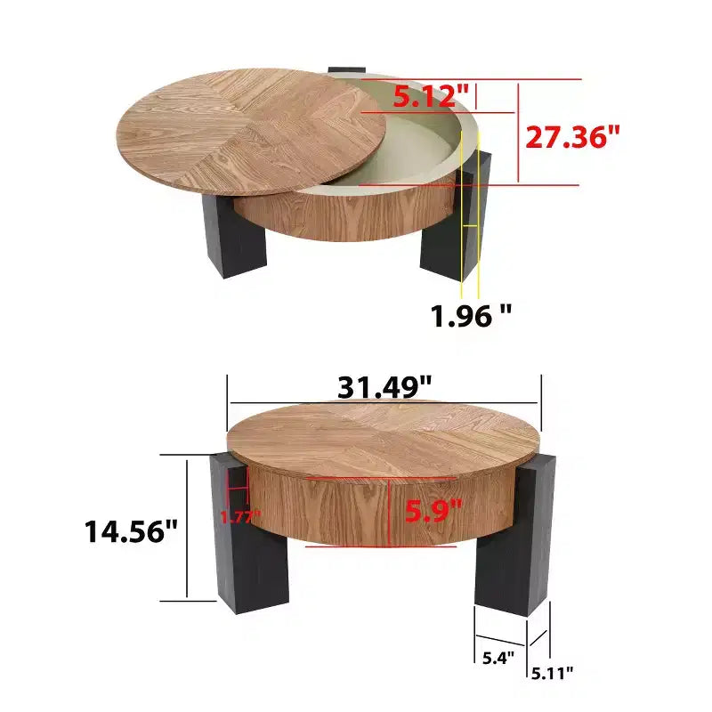 Tavolino Moderno Rotondo da Salotto da 33 pollici con Contenitore Nascosto a Ribalta, Tavolino da Salotto o per Piccoli Spazi con Finitura Venata in Legno