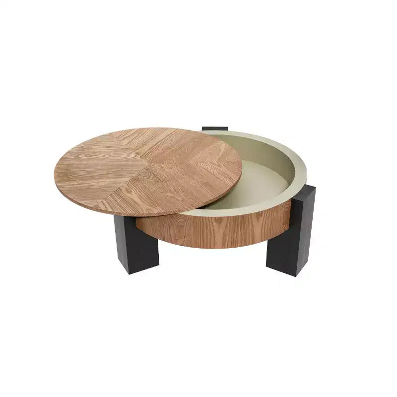 Tavolino Moderno Rotondo da Salotto da 33 pollici con Contenitore Nascosto a Ribalta, Tavolino da Salotto o per Piccoli Spazi con Finitura Venata in Legno
