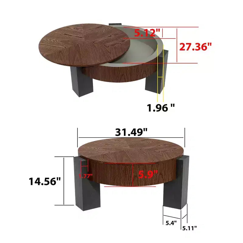 Tavolino Moderno Rotondo da Salotto da 33 pollici con Contenitore Nascosto a Ribalta, Tavolino da Salotto o per Piccoli Spazi con Finitura Venata in Legno