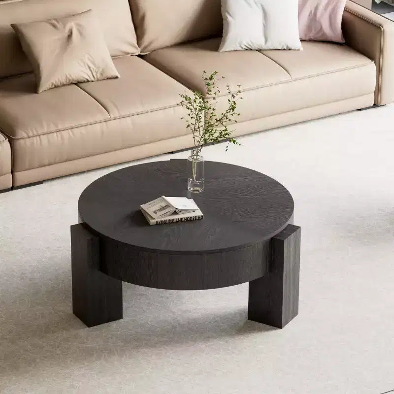 Tavolino Moderno Rotondo da Salotto da 33 pollici con Contenitore Nascosto a Ribalta, Tavolino da Salotto o per Piccoli Spazi con Finitura Venata in Legno
