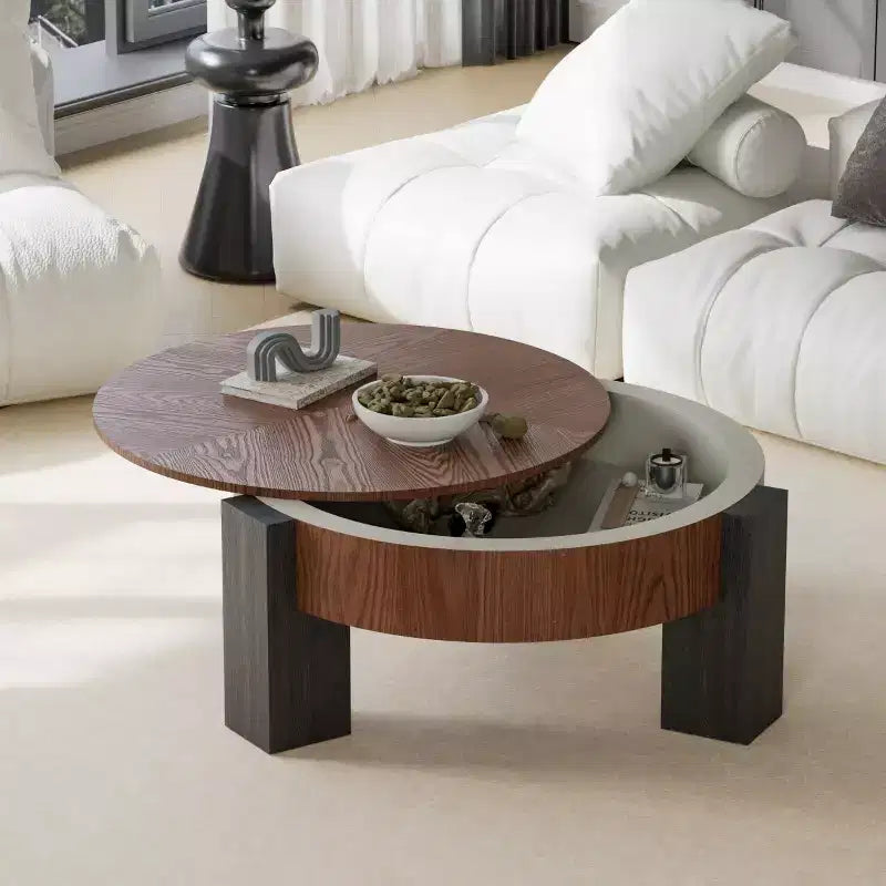 Tavolino Moderno Rotondo da Salotto da 33 pollici con Contenitore Nascosto a Ribalta, Tavolino da Salotto o per Piccoli Spazi con Finitura Venata in Legno