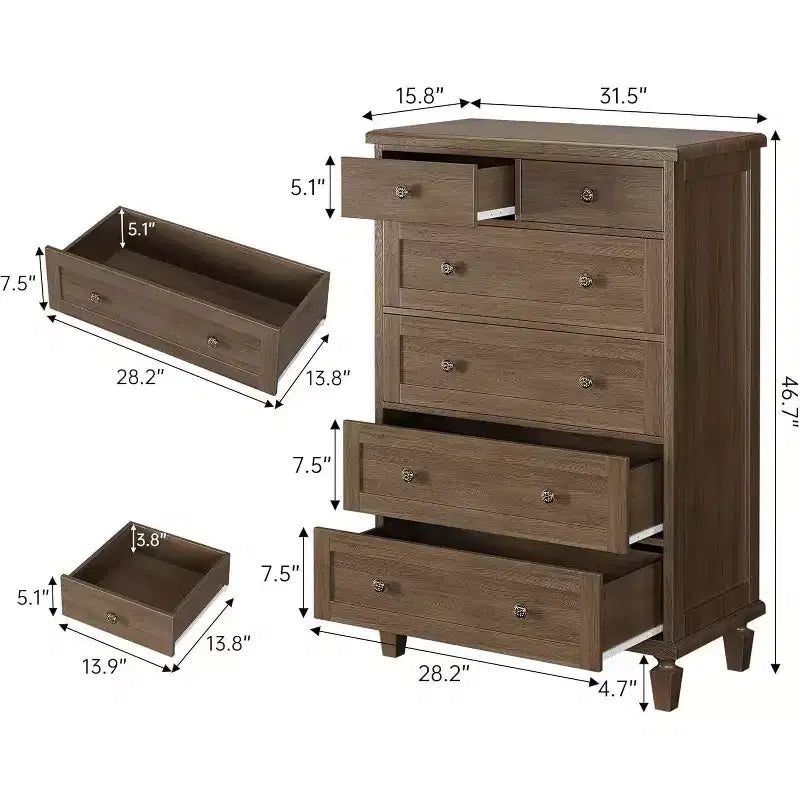 Cassettiera Vintage a 6 Cassetti con Gambe Affusolate, Comò Alto in Legno - Ideale per Camera da Letto Soggiorno Ingresso Ufficio