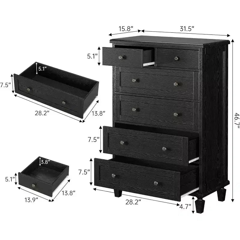 Cassettiera Vintage a 6 Cassetti con Gambe Affusolate, Comò Alto in Legno - Ideale per Camera da Letto Soggiorno Ingresso Ufficio
