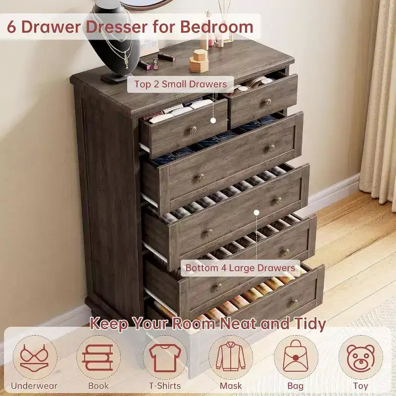 Cassettiera Vintage a 6 Cassetti con Gambe Affusolate, Comò Alto in Legno - Ideale per Camera da Letto Soggiorno Ingresso Ufficio
