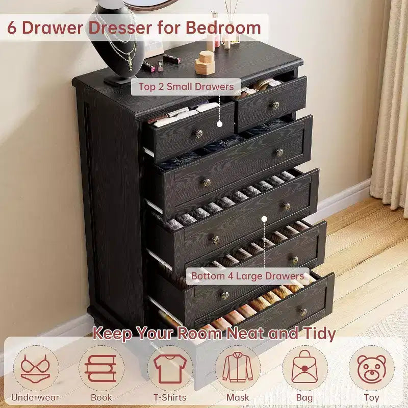 Cassettiera Vintage a 6 Cassetti con Gambe Affusolate, Comò Alto in Legno - Ideale per Camera da Letto Soggiorno Ingresso Ufficio
