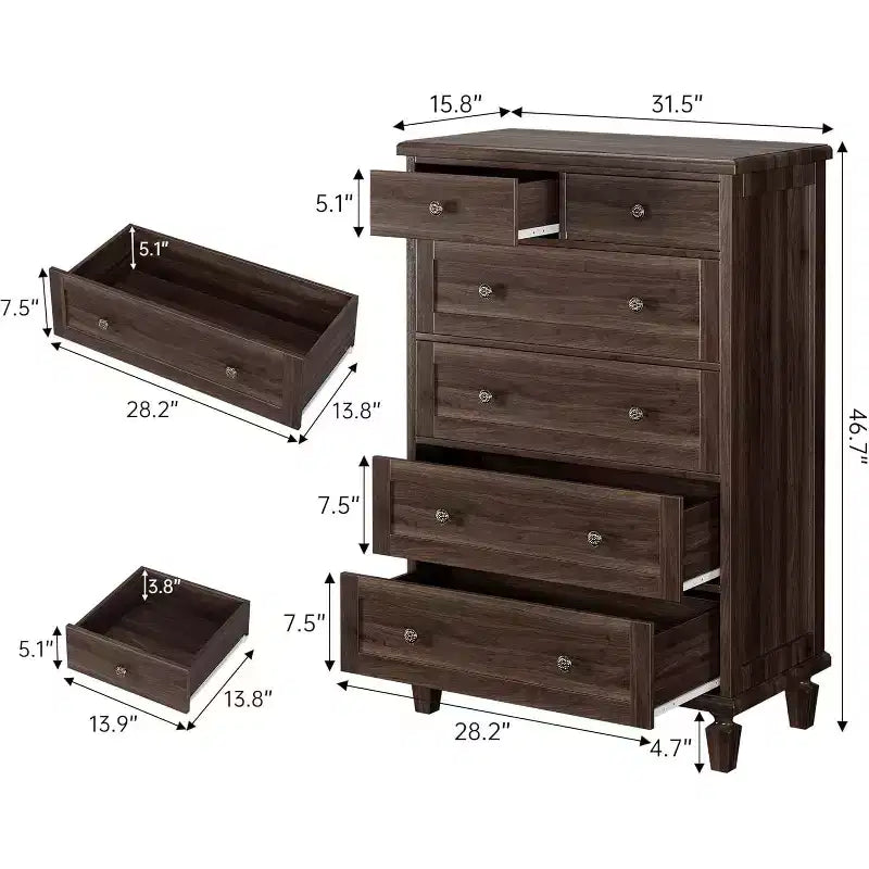 Cassettiera Vintage a 6 Cassetti con Gambe Affusolate, Comò Alto in Legno - Ideale per Camera da Letto Soggiorno Ingresso Ufficio