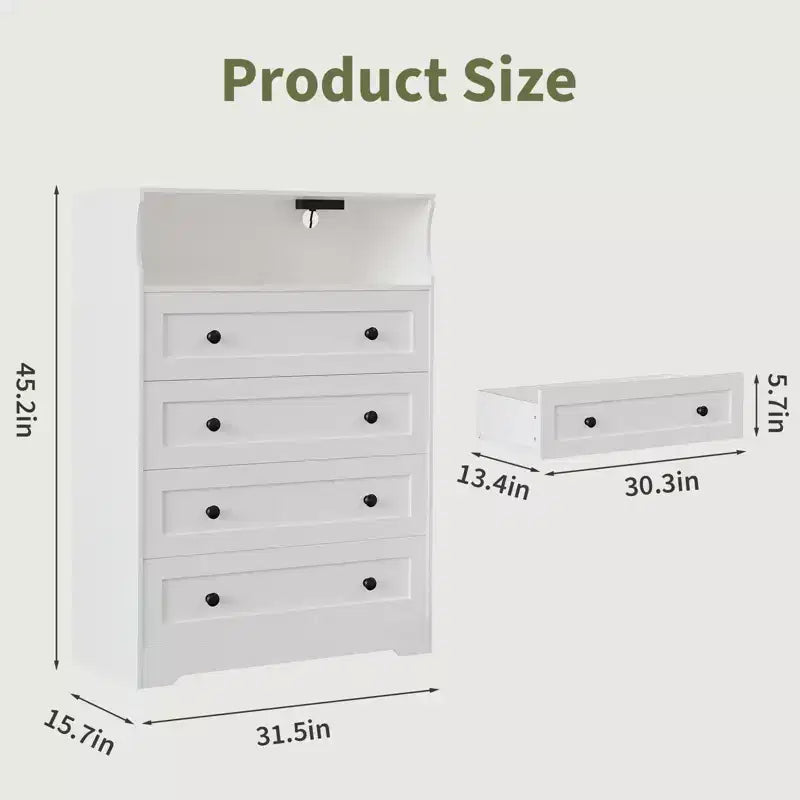 Cassettiera a 4 cassetti in legno con luci LED e stazione di ricarica, comodino e cassettiera, organizer contenitore per camera da letto, soggiorno, corridoio, armadio