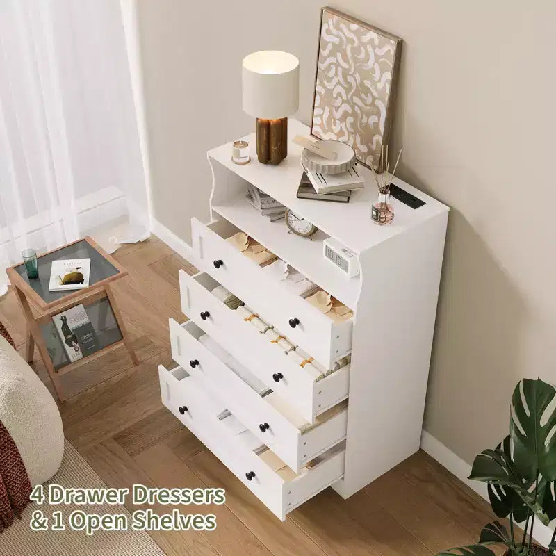 Cassettiera a 4 cassetti in legno con luci LED e stazione di ricarica, comodino e cassettiera, organizer contenitore per camera da letto, soggiorno, corridoio, armadio
