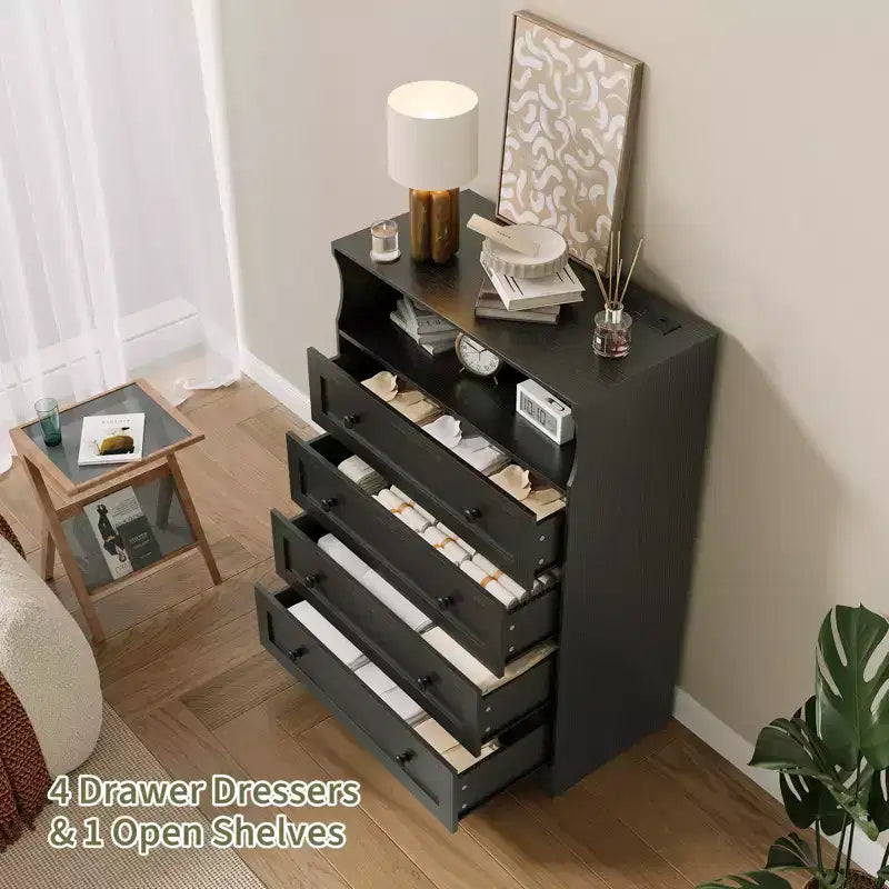 Cassettiera a 4 cassetti in legno con luci LED e stazione di ricarica, comodino e cassettiera, organizer contenitore per camera da letto, soggiorno, corridoio, armadio