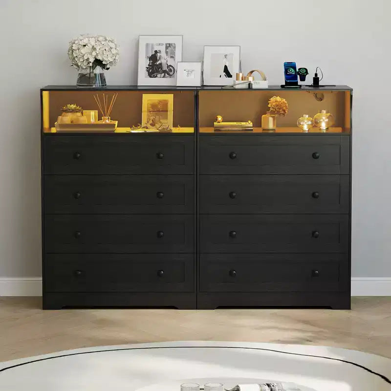 Cassettiera a 4 cassetti in legno con luci LED e stazione di ricarica, comodino e cassettiera, organizer contenitore per camera da letto, soggiorno, corridoio, armadio
