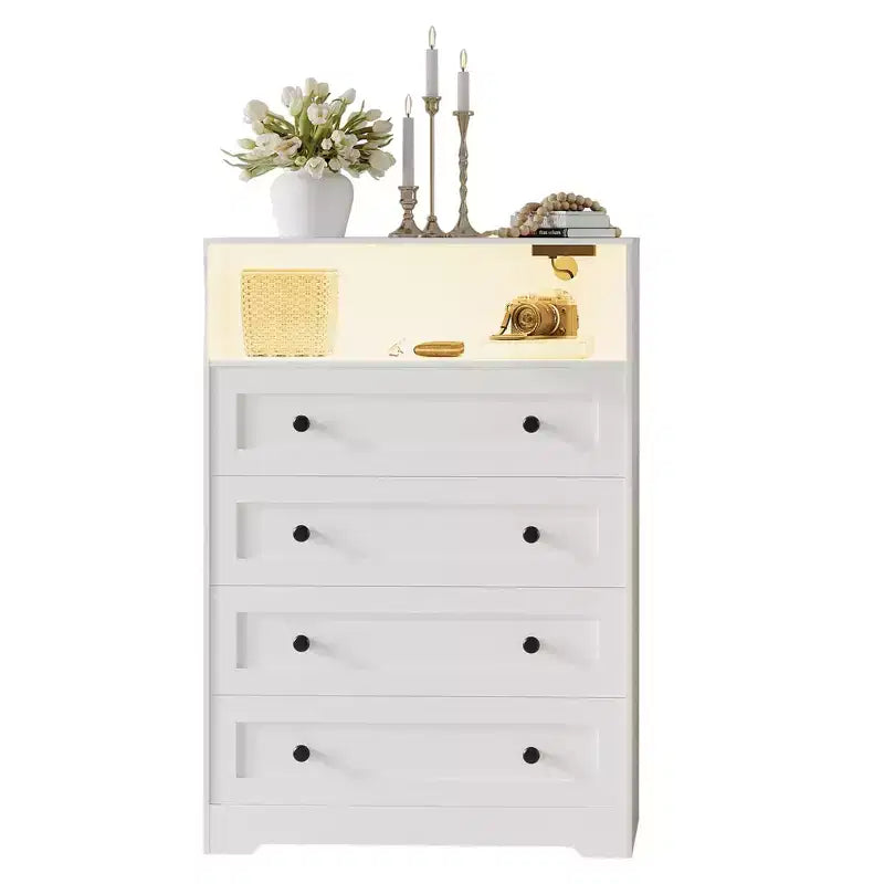 Cassettiera a 4 cassetti in legno con luci LED e stazione di ricarica, comodino e cassettiera, organizer contenitore per camera da letto, soggiorno, corridoio, armadio