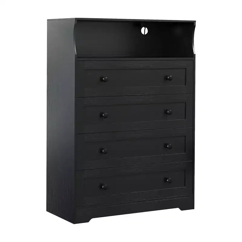 4-Drawer Wooden Dresser w/ LED Lights & Charging Station, Nightstand & Chest of Drawers, Storage Organizer for Bedroom Living Room Hallway Closet