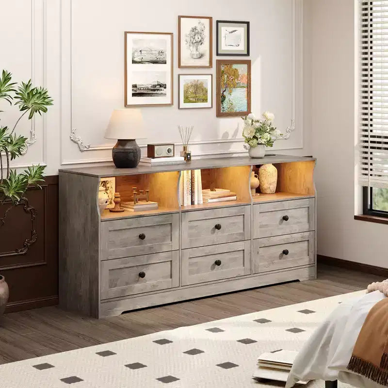 63 6-Drawer Wooden Dresser TV Stand with Power Outlet & Open Shelves, Modern Entertainment Center for Living Room & Bedroom, Chest of Drawers