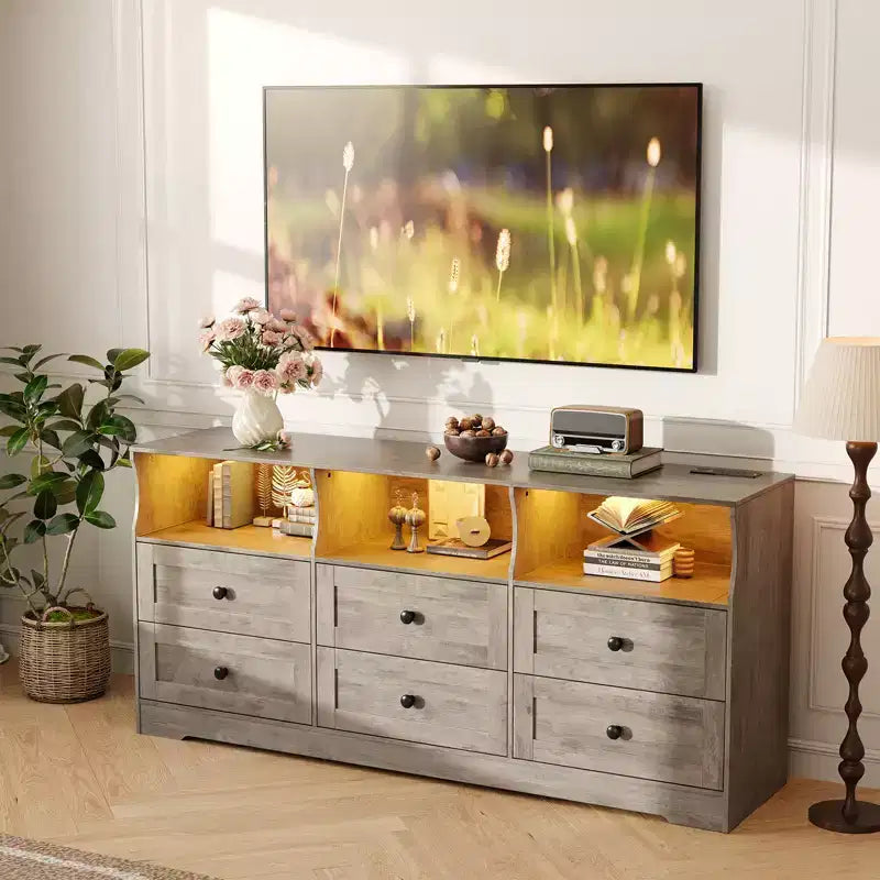 63 6-Drawer Wooden Dresser TV Stand with Power Outlet & Open Shelves, Modern Entertainment Center for Living Room & Bedroom, Chest of Drawers