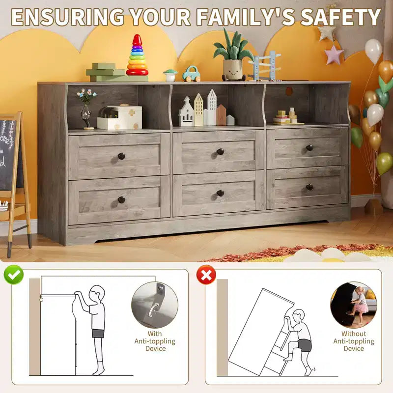 Comò in Legno a 6 Cassetti da 160 cm con Presa di Corrente e Scaffali Aperti, Mobile TV Moderno per Soggiorno e Camera da Letto, Cassettiera