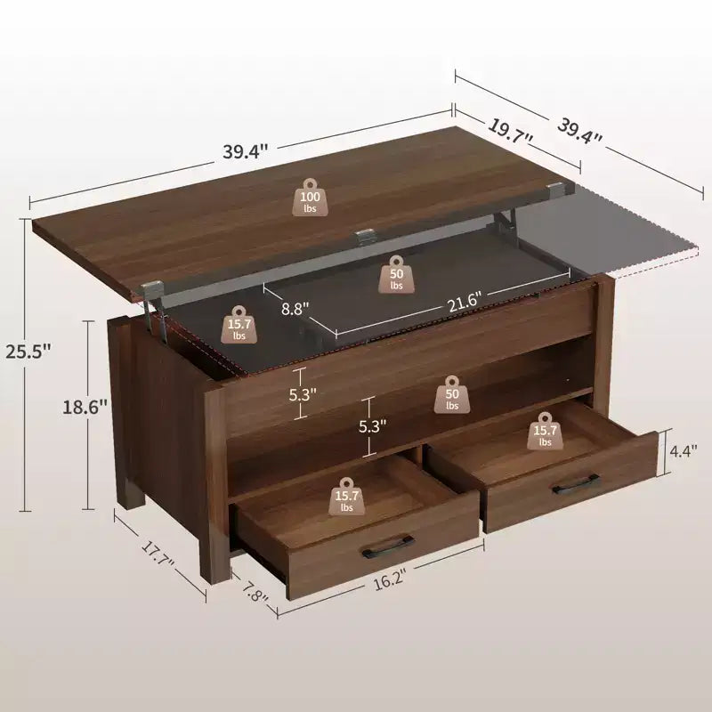 Tavolino da caffè da 40 pollici, Tavolino con piano sollevabile con cassetti e scomparto nascosto, Convertibile in tavolo da ufficio domestico, Tavolo da pranzo per soggiorno