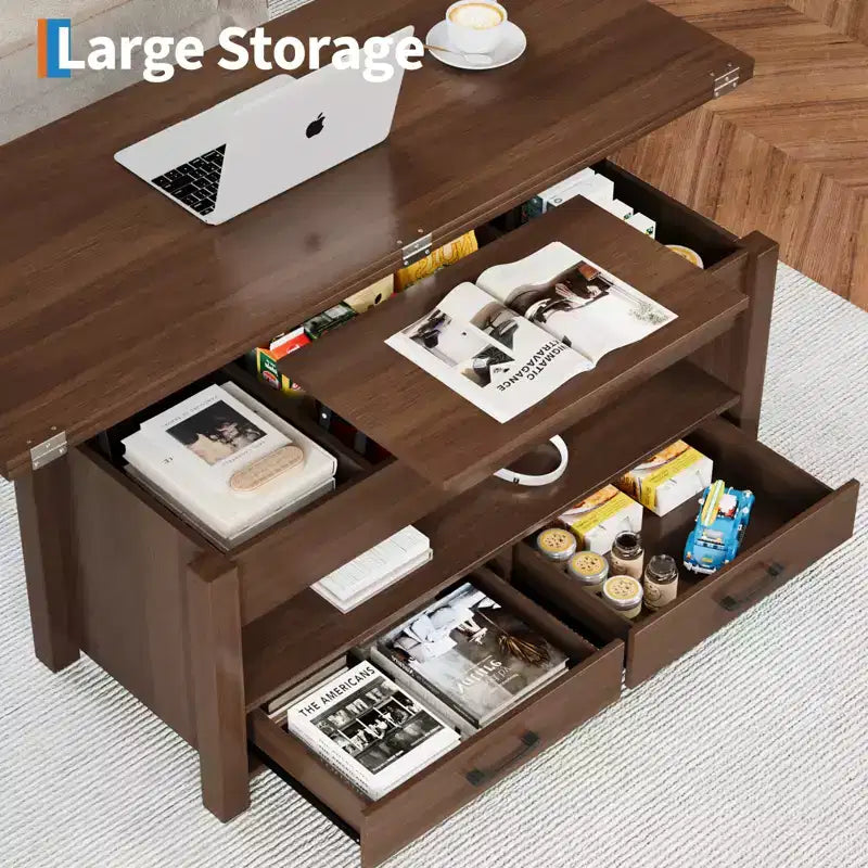 Tavolino da caffè da 40 pollici, Tavolino con piano sollevabile con cassetti e scomparto nascosto, Convertibile in tavolo da ufficio domestico, Tavolo da pranzo per soggiorno