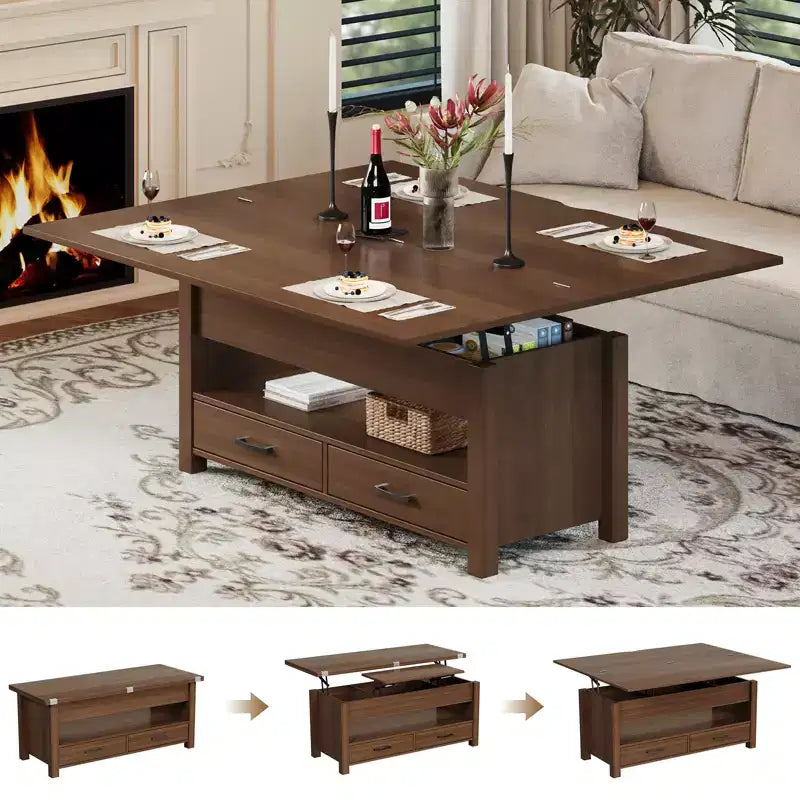 Tavolino da caffè da 40 pollici, Tavolino con piano sollevabile con cassetti e scomparto nascosto, Convertibile in tavolo da ufficio domestico, Tavolo da pranzo per soggiorno