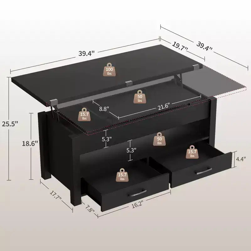 Tavolino da caffè da 40 pollici, Tavolino con piano sollevabile con cassetti e scomparto nascosto, Convertibile in tavolo da ufficio domestico, Tavolo da pranzo per soggiorno